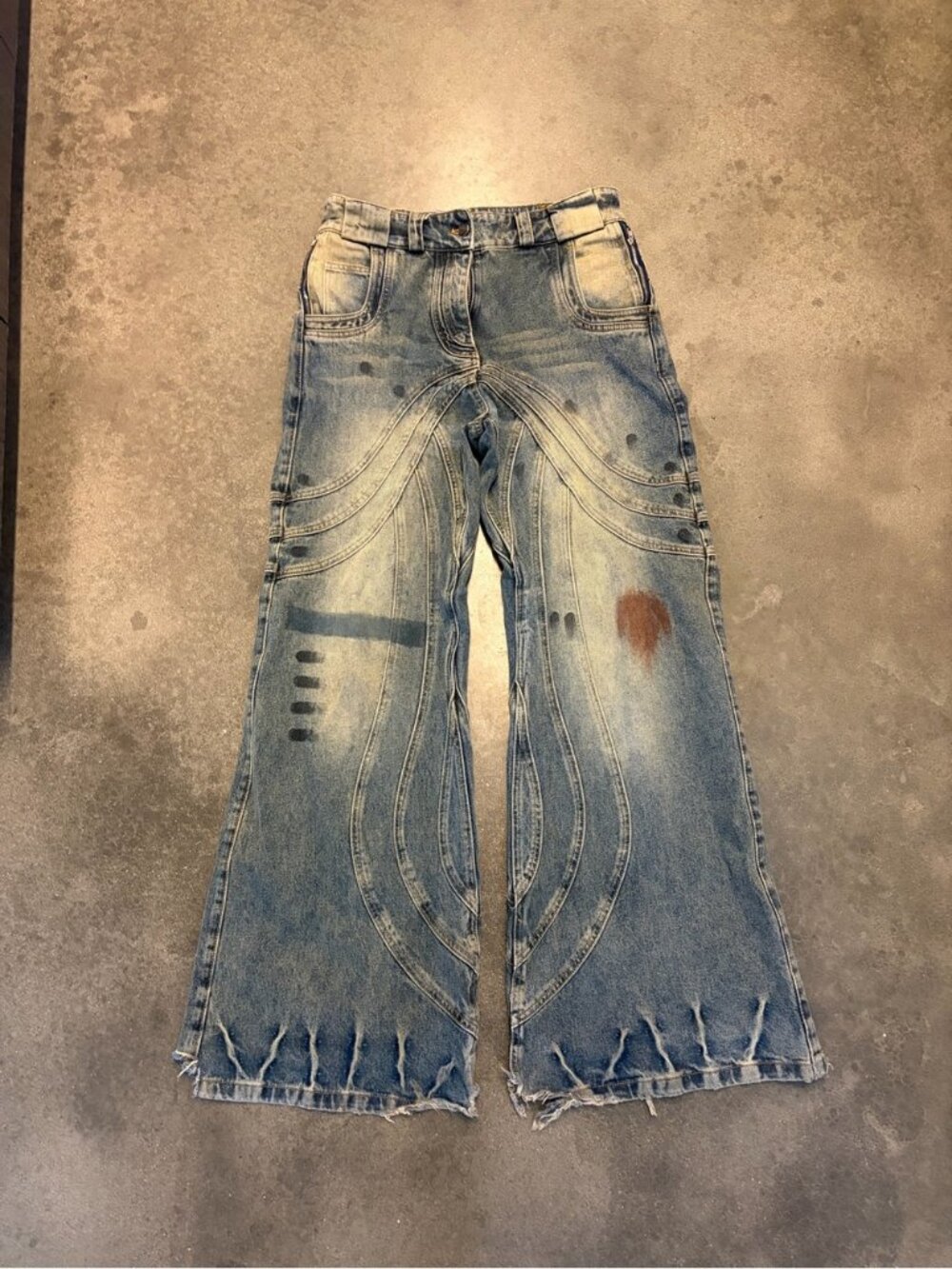 No Faith Studios Heavy Wave Denim Sand Wash Flare Bootcut Wide Leg Jeans Mens M
